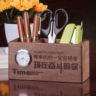 Customized wooden pen holder with watch and office tableware decor latest pen holder with watch